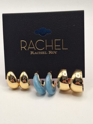 Rachel Roy Gold Tone Chunky Hoop Earring Set Blue Enamel Huggie Trio