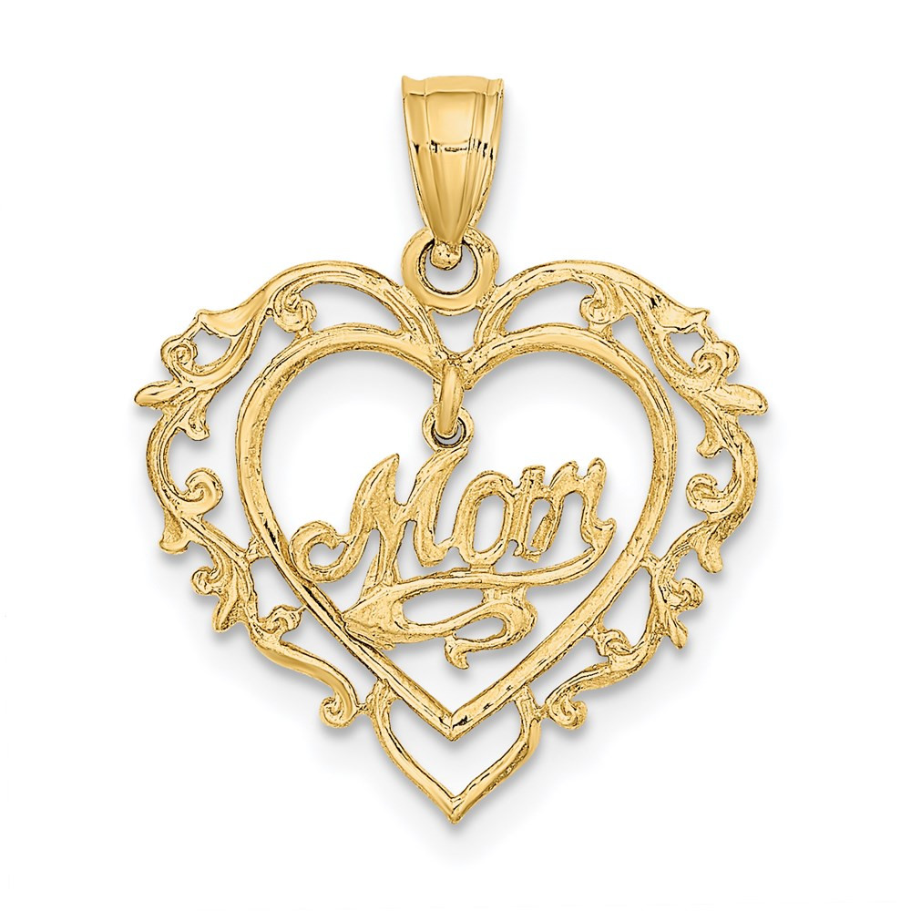 14k Yellow Gold Polished MOM Dangle in Fancy Heart Pendant 0.89gm L-21.6mm