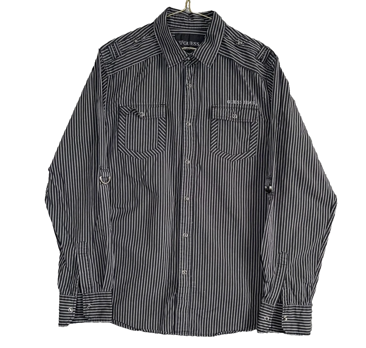 Camisa Guess Para Hombre Mediana Negra Rayas A Presión Abotonada Manga Larga Cuello Hebilla