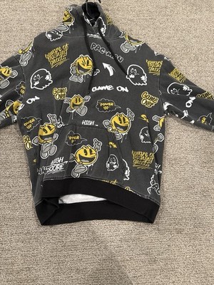 Pac-Man Graphic Print Black Yellow Gray Fleece Pullover Hooded Hoodie Men M