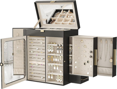 Jewelry Box with Mirror Organizer Glass Black