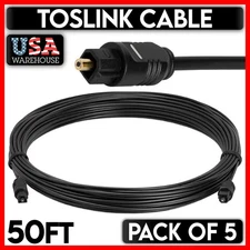 TOSLink Optical Cable 50 FT Slim Fiber Optic Digital Audio Sound Bar Cord 5 PCS