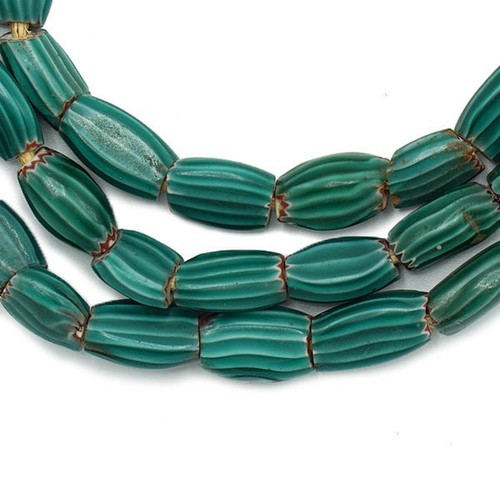 Vintage Blue Green Watermelon Chevron Beads (8-9mm) Venetian African (358F519)