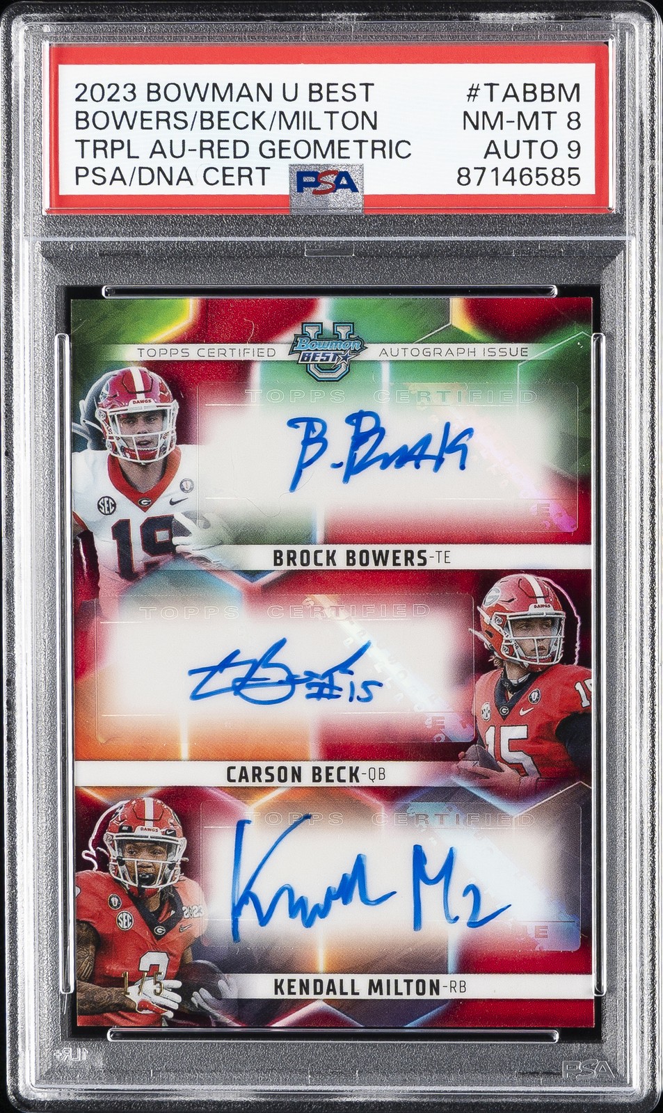 BROCK BOWERS/CARSON BECK/KENDALL MILTON 2023 RED GEOMETRIC 1/5 PSA 8 AUTO 9 