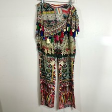 Camilla Colorful Print Tassel Beaded Multi Layer Boho Silk Pants Size Medium