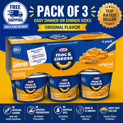 Kraft Mac and Cheese, 4 Cups - No Artificial Flavors, Pack of 3