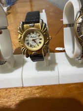 Ornate Gold Silver Tone Ladies Quartz Watch MOP Roman Numerals Black Leather