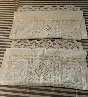 Antique French Curtain Panels, Medieval Animals, Fleur De lys, Appliqué, Cutwork