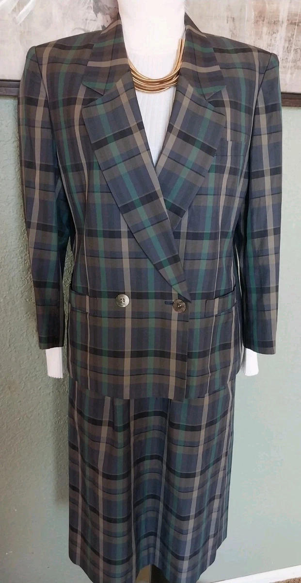 Conjunto de Traje Falda a Cuadros Burberrys Años 90 De Colección Blazer Doble Pecho Azul Verde 13BR