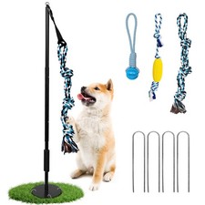 Outdoor Dog Tug Toy, Durable Spring Pole, 3 Ropes  Stakes for Yard Play