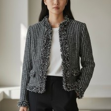 St. John Collection Black and White Tweed Jacket With Fringed Edging Old Money