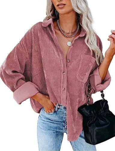 Women's Corduroy Shirts Long Sleeve Jacket Loose Casual Button Down Blouses Tops - Picture 6 of 9