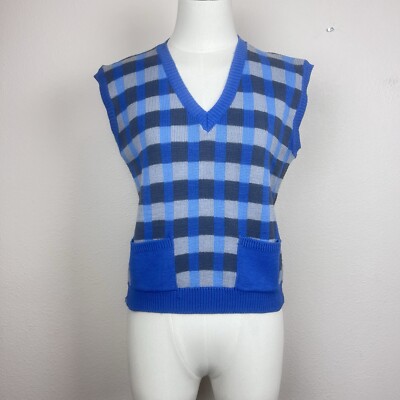 Vintage ESPRIT Sweater Vest Juniors Large Check Plaid Knit Pockets 90s Y2K Blue