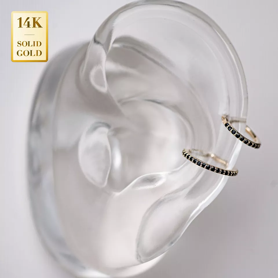 14K REAL Solid Gold Black CZ Hoop Piercing Septum Body Hoop Ring Cartilage 16G - Image 2 of 4