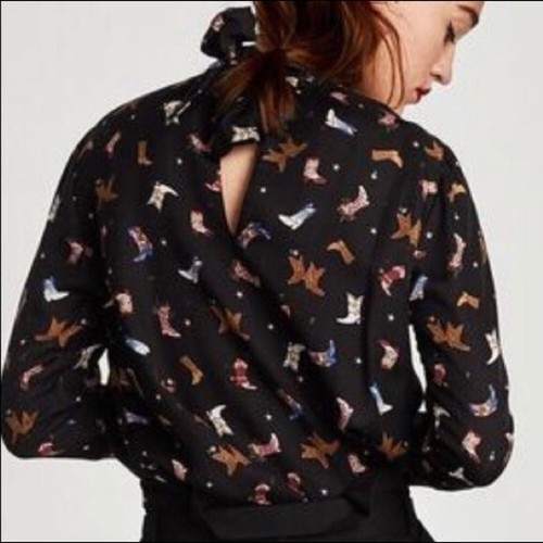 Blusa Top Zara Mujer Talla XS Western Vaquera Botas Corbata Trasera - Imagen 4 de 11