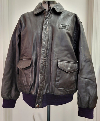 Vintage Miller Genuine Draft Burks Bay Worlds Leather Bomber Jacket Mens Large