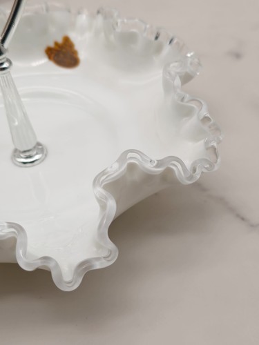Vintage Fenton Silver Crest Milk Glass Ruffled Bon Bon Bowl With Handle - Picture 11 of 19
