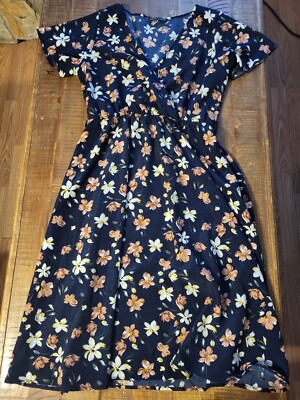 Shein Chiffon Floral Dress Size 8-10 Navy Blue Midi Flowy Elastic Waist  V-neck | eBay