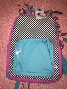 black and white checkered bookbag