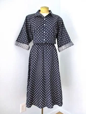 Vtg 70s California Looks Blue Dot Retro 50s Shirtwaist Swing Dress Pockets 20