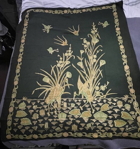 Vintage Iwan Tirta Signed Batik Scarf Large 40x47" Cranes Green Gold - Picture 3 of 8
