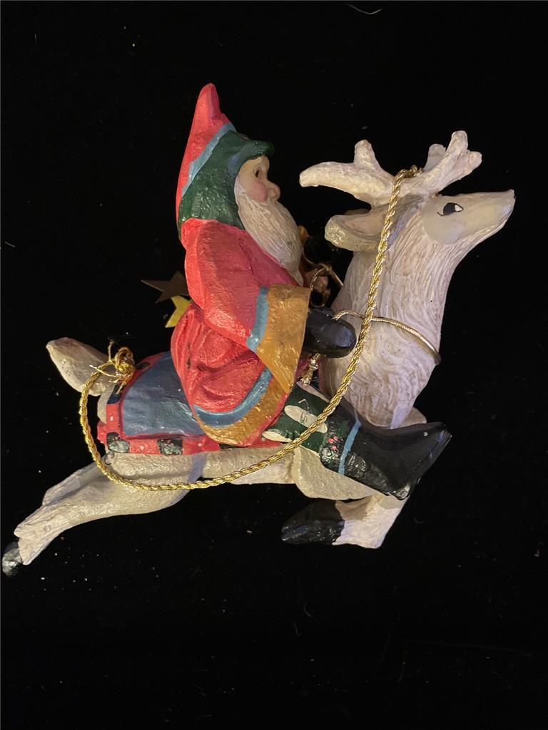House of Hatten Enchanted Forest Large Hanging Santa on Reindeer Christmas 1993 Ornament