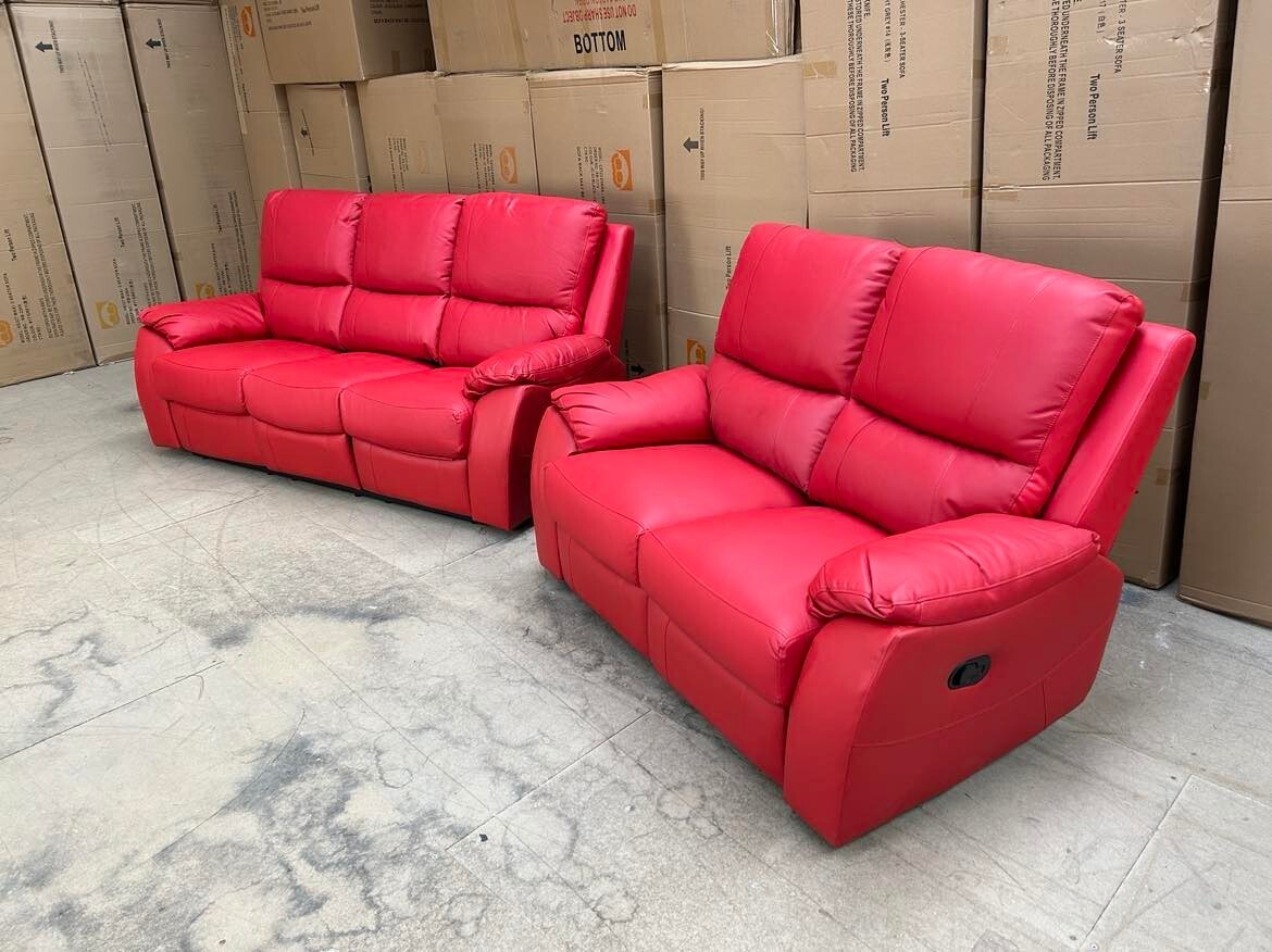 EXDISPLAY Model 3+2 Seater L Red recliner sofas in Faux Leather