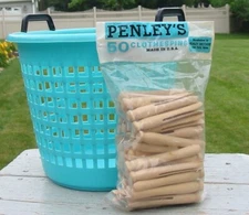 Vtg NIP 50 Wood Penley's Clothespins Retro Aqua Small Laundry Basket Arnoldware