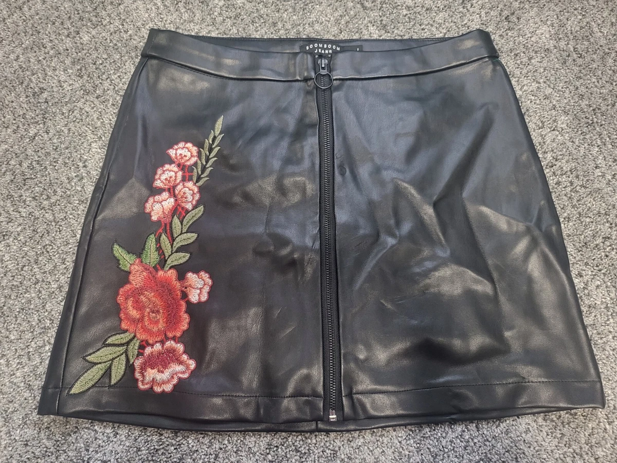 Black faux leather top embroidered rose mini skirt