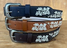 Women's EMBROIDERED WESTERN LEATHER BELT, COWBOY COWGIRL RODEO LEATHER BELT