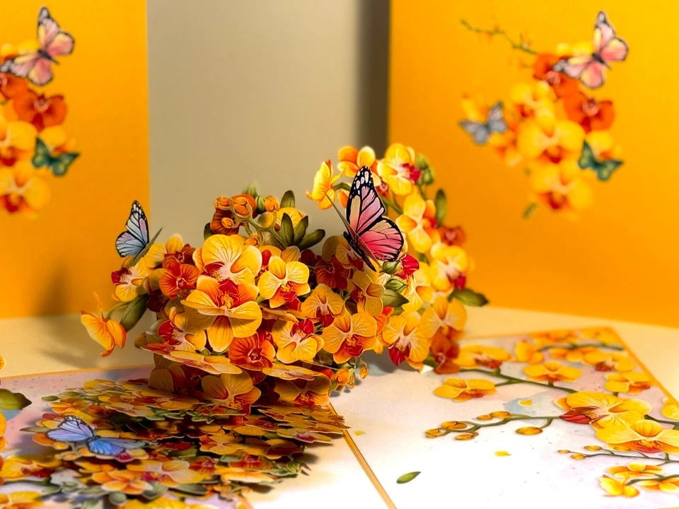 ORIGAMI POP CARDS Yellow Orchid Garden with Butterflies Happy Birthday Pop Up 3D - Image 3 of 4