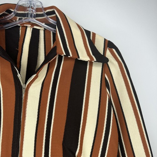 Vtg 70s Mini Dress Women's Sz M Brown Beige Striped Shift Collar Handmade - Picture 3 of 14