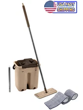 Self Cleaning Drying Wringing Mop Bucket System Flat Floor  + 2 Microfiber Pads