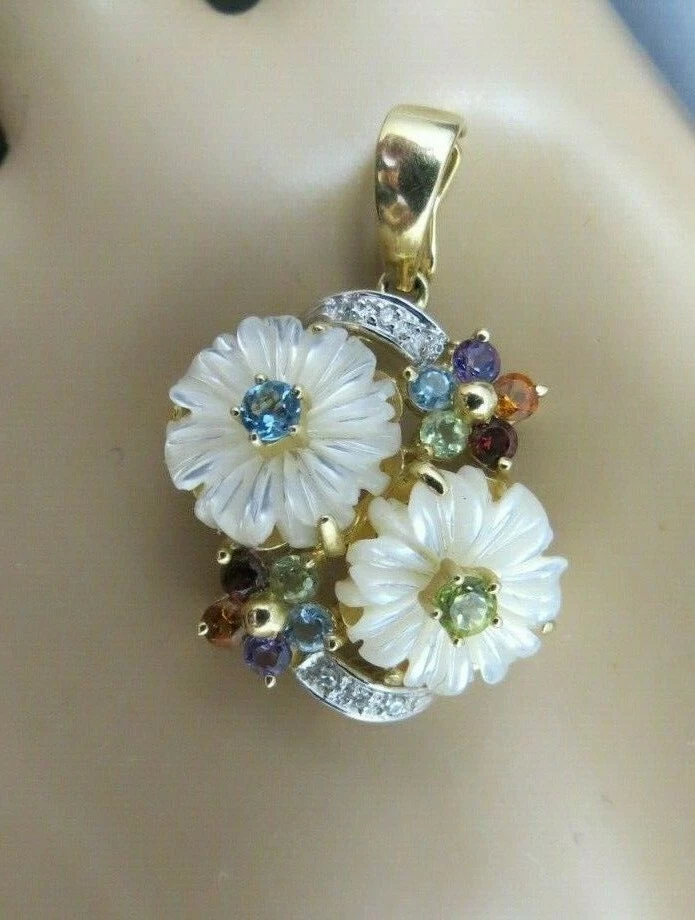 14k 吊坠钻石多色宝石黄金拖把雕刻花 SBT 5.6 克 — 第 2/4 张图片