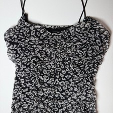 Polly Esther Black White Mesh Ruched Leopard Print Bodysuit LikeNew Sz Large