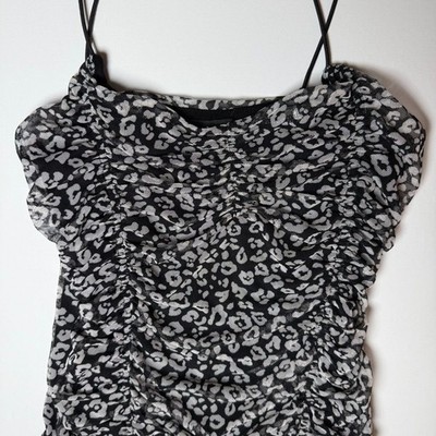 Polly & Esther Black & White Mesh Ruched Leopard Print Bodysuit LikeNew Sz Large