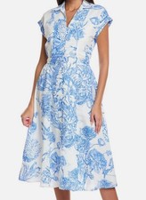 T Tahari Women's Blue and White Button Linen-Blend Shirt Dress Size S