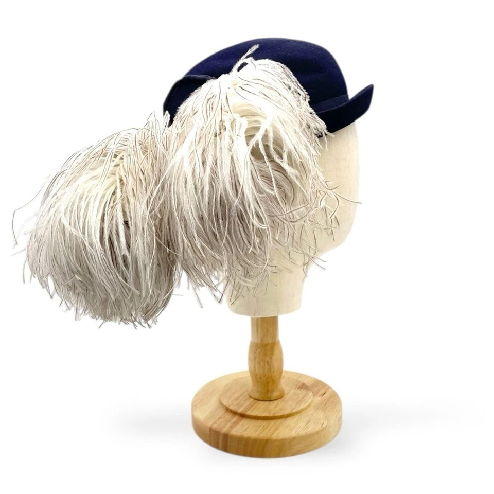 Vintage Gage Brothers Navy Wool Hat Ostrich Feather Trim 1940s 1950s Chicago NY - Image 4 of 4