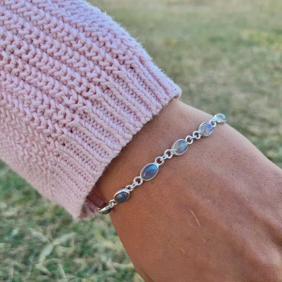 Genuine Labradorite Bracelet 925 Sterling Silver | Boho Gemstone Jewelry Gift US - Image 4 of 4