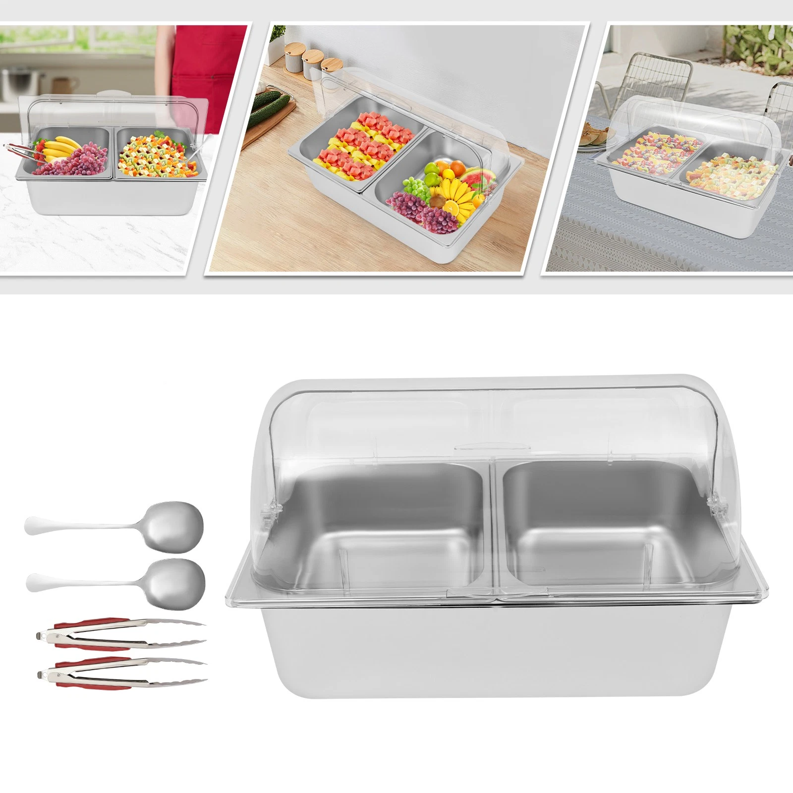 Countertop Stainless Steel Food Serving Display Container Clear Roll Top Cover