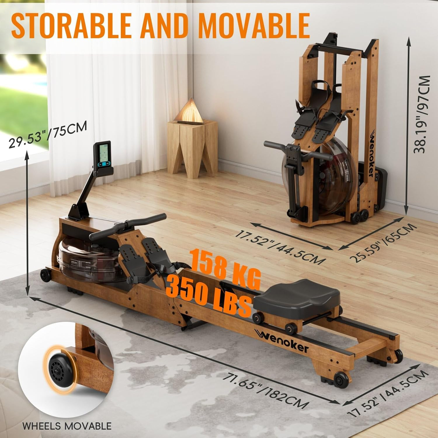 Water Rowing Machine for Home Use,  Wooden Foldable Rower Machine with Adjustabl