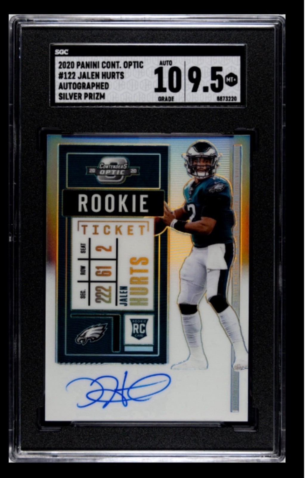 JALEN HURTS 2020 Contenders Optic 122 Silver Prizm RC Rookie SGC 9.5 Auto 10