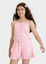 Cat And Jack Romper Girls L 10/12floral pink Ruffle Stretch Sleeveless Dress
