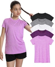 5 Pack Girls Athletic Shirts Solid Color Summer Dry Fit Short Sleeve Sports T...