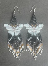 Boho Blue Butterfly Black Silver Seed Bead Beaded Earrings Fringe Tassel Long