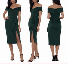 Xscape Scuba Off Shoulder Green Dress 6 Midi Formal Cocktail Slit Boning