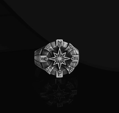 North Star Compass Men's Signet Ring 925 Sterling Silver Oxidized Ring Duty Free