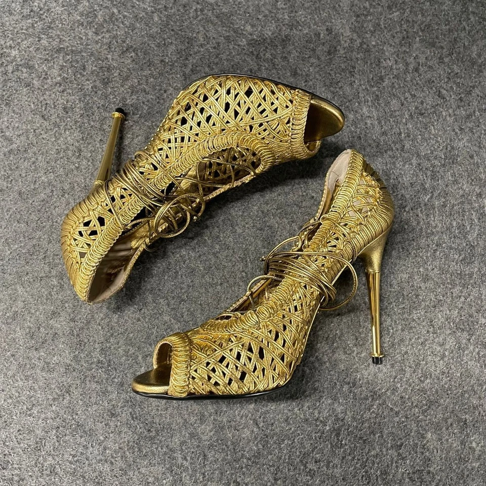 TOM FORD Woven Leather Lace Up Pumps Womens Size 37 US 7 Metallic Gold - Image 2 of 4