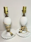 2 Vintage White Milk Glass Hobnail 1950s WORKS Fenton Electric Table Lamp Lot