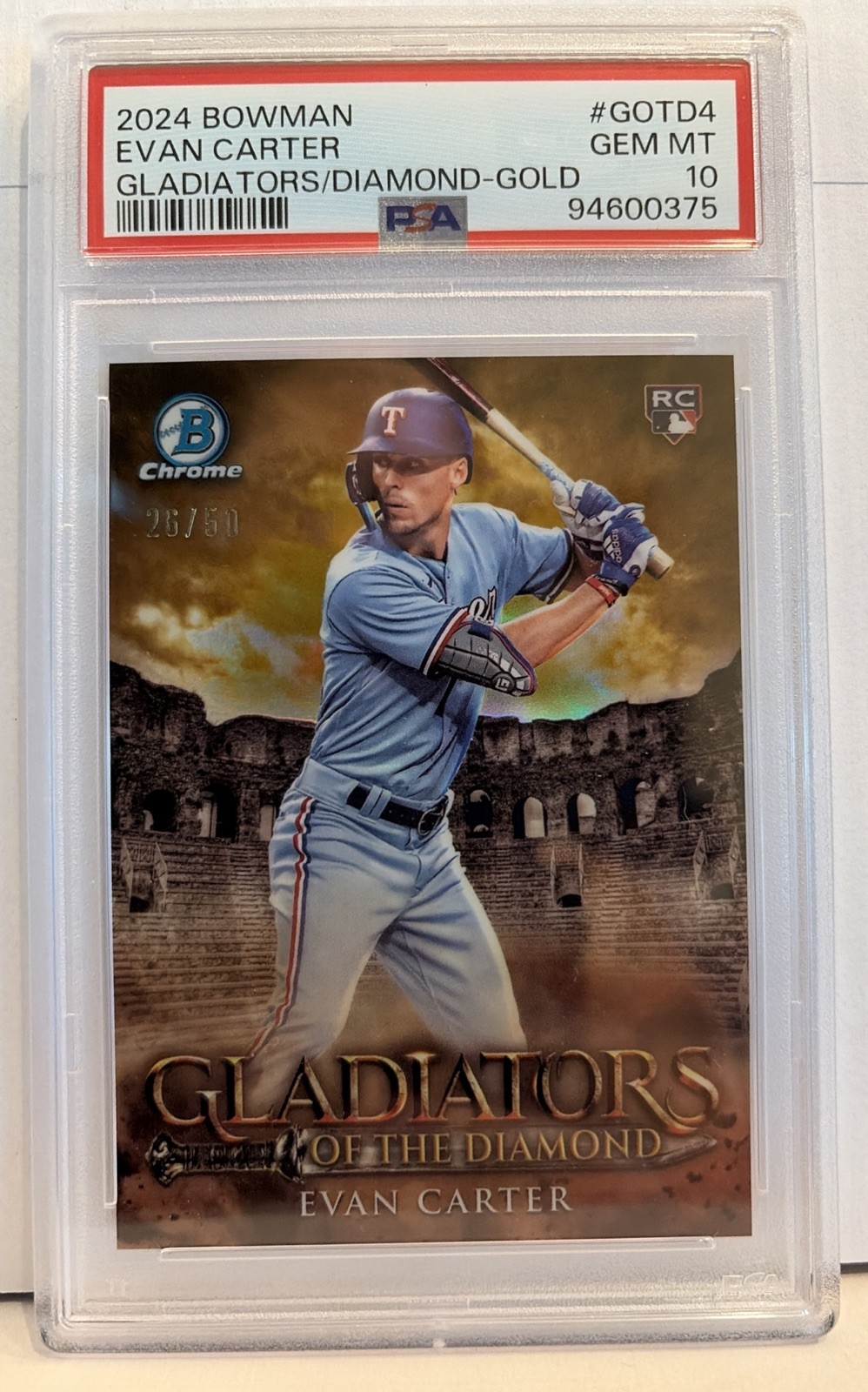 2024 Bowman Evan Carter Gladiators of the Diamond RC Gold Refractor /50 PSA 10